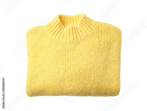 Folded yellow sweater isolated on white, top view