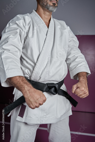 Body of a karate master posing with clenched fists in his dojo