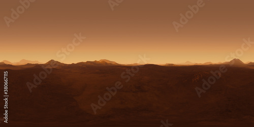 360 Panorama of Mars sunset, environment map. Equirectangular projection, spherical panorama. 3d illustration