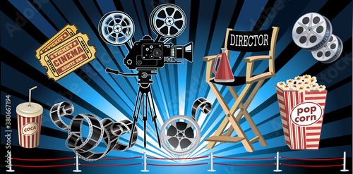 Film Reels, Clapper board and movie projector