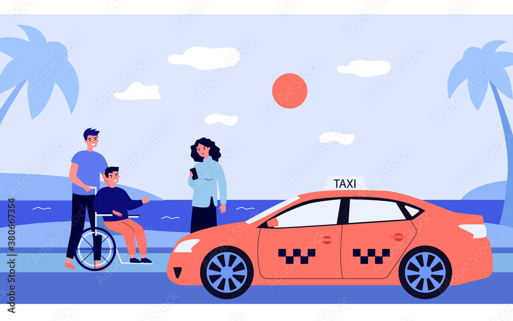 Woman ordering taxi for handicapped man. Sea, car, wheelchair flat vector illustration. Transportation and weekend concept for banner, website design or landing web page Woman ordering taxi for handicapped man. Sea, car, wheelchair flat vector illustration. Transportation and weekend concept for banner, website design or landing web page