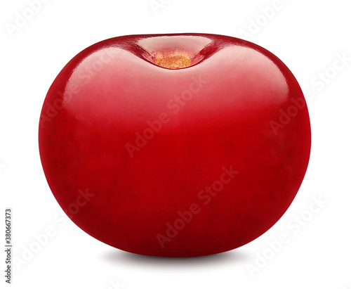 Cherry isolated on white background. One red sour cherry. Front view. Clipping path