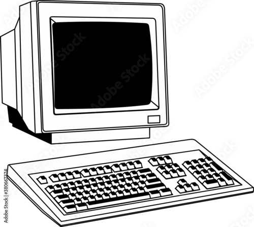 Old Computer, Retro, A 3d, CRT, LCD monitor and keyboard drawn with charcoal isolated on white, An old vintage/retro obsolete computer. A desktop CRT monitor, keyboard and mouse.
