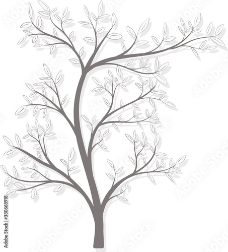 Autumn tree with leaves in gray with shadow on a white background