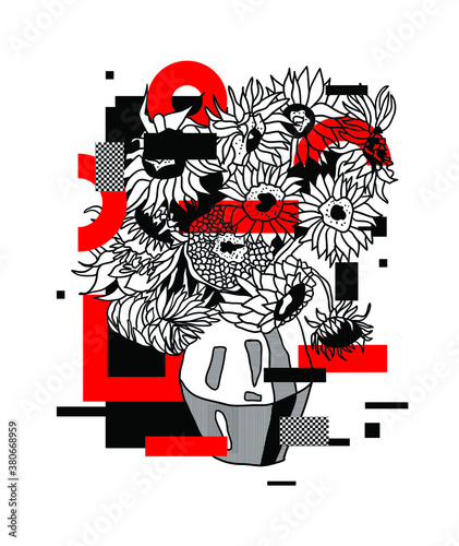 Crazy red style. Sunflowers by Vincent van Gogh.