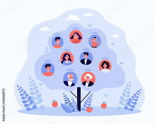 People genealogical heritage isolated flat vector illustration. Cartoon abstract relatives connection scheme in form of tree. Ancestry and family history concept