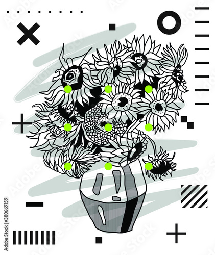 Modern geometric style with dots. Sunflowers by Vincent van Gogh.