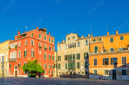 Campo San Anzolo Sant'Angelo square with typical italian buildings of Venetian architecture in Venice historical city centre San Marco sestiere, Veneto region, Northern Italy