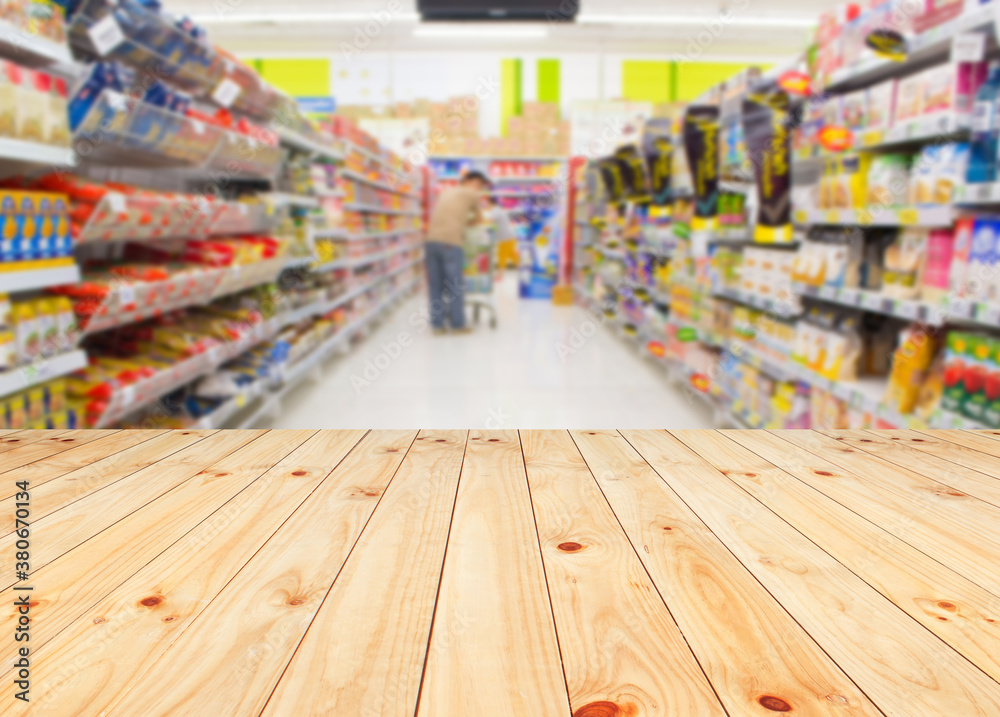 Wood floor and Supermarket blur background, Product display, template,