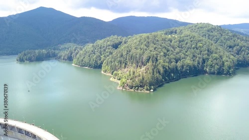 Aerial Drone Shot of the Water and Mountains of Valea Draganului. photo