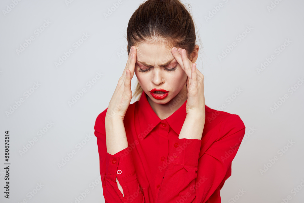 portrait of a woman with red lips in a shirt on a light background cropped view model makeup hairstyle portrait of a woman with red lips in a shirt on a light background cropped view model makeup hairstyle