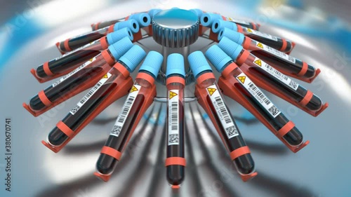Medical research laboratory and centrifuge with blood samples tubes making tests. Antibiotic and vaccine discovery in the chemistry science lab. Pharmaceutical and biological loopable 3d animation.
