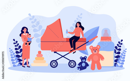 Happy mother, babysitter and baby near carriage isolated flat vector illustration. Cartoon women caring about newborn. Abstract nanny occupation. Family and nursery concept