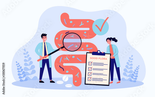 Tiny scientists studying gastrointestinal tract and digestive system isolated flat vector illustration. Cartoon medical doctors doing analysis of gut microorganisms. Health and nutrition concept