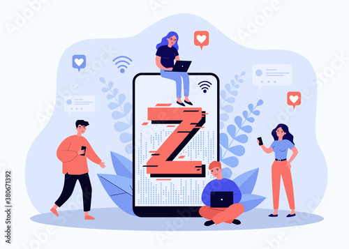Tiny people messaging online flat vector illustration. Cartoon modern demography trend with progressive youth gen. Z generation, social culture and technology concept