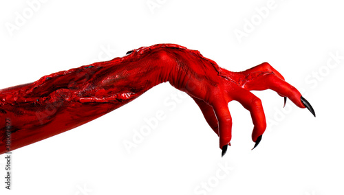 Scary monster on white background, closeup of hand. Halloween character