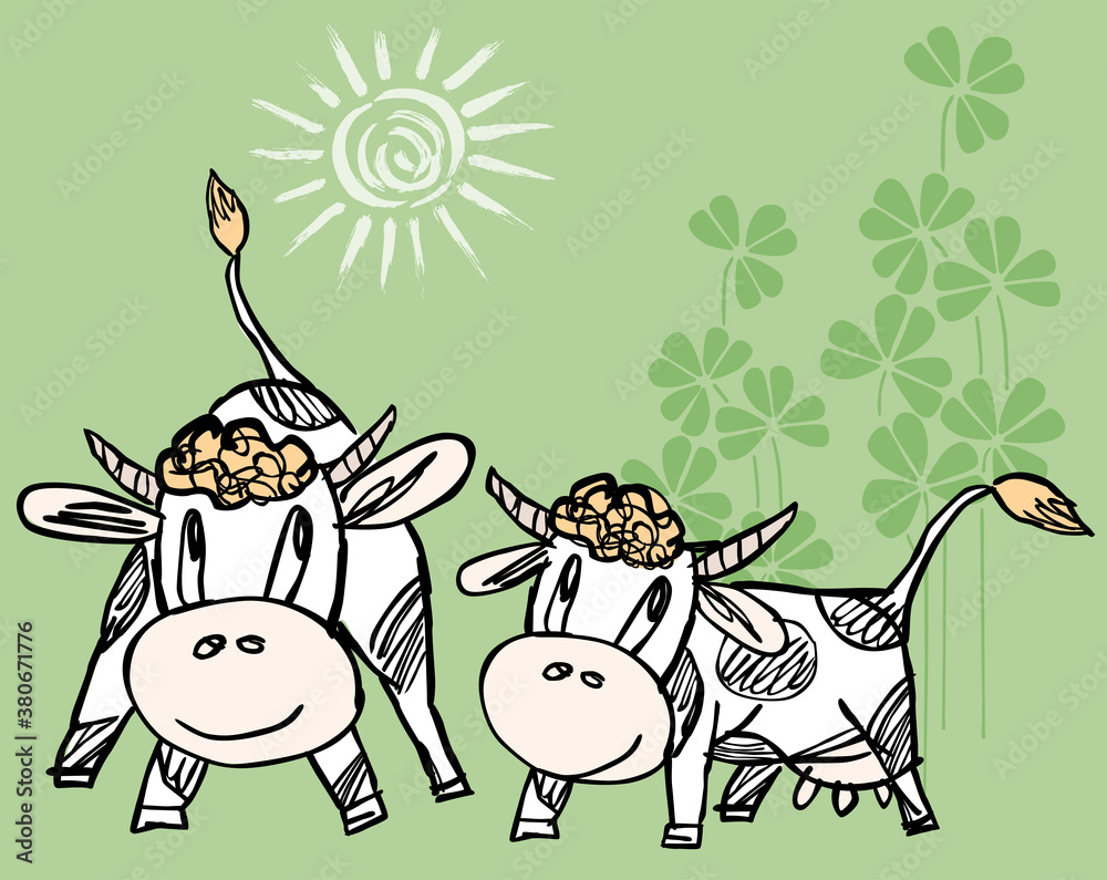 Vector illustration of drawn funny cartoon bull and cow Vector illustration of drawn funny cartoon bull and cow