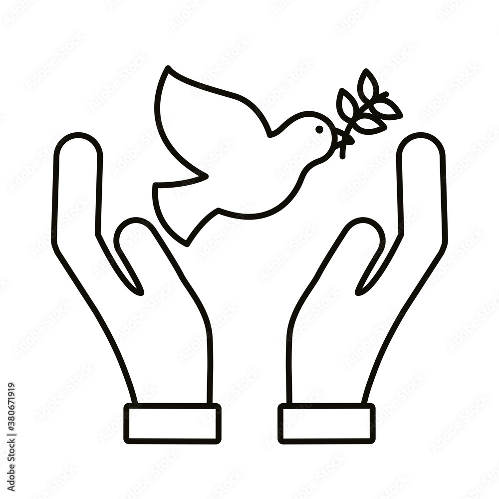 hands protecting peace dove with olive branch flying line style icon