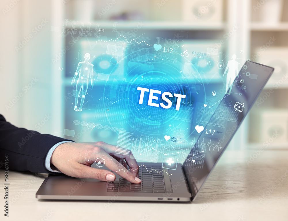 Doctor working a health check with TEST inscription, recording medical test results Doctor working a health check with TEST inscription, recording medical test results