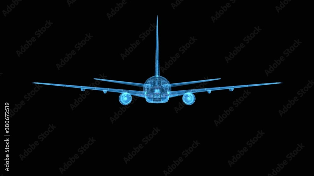 Plane 3d wireframe with thin blue lines. Aviation futuristic hologram on black background. Loop animation Plane 3d wireframe with thin blue lines. Aviation futuristic hologram on black background. Loop animation