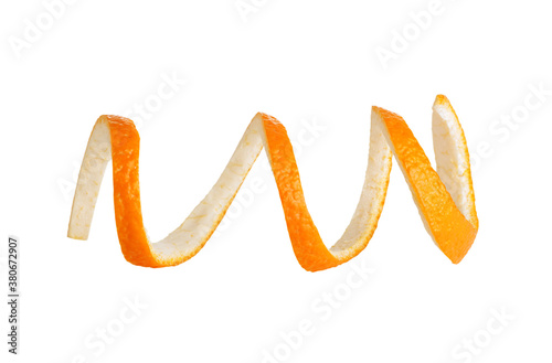 orange peel in a spiral shape isolated on white background