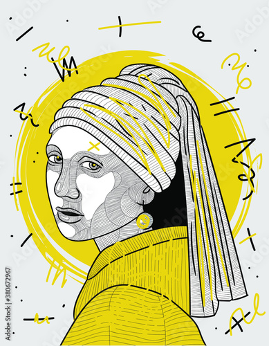 Creative geometric yellow style. Girl with a Pearl Earring.