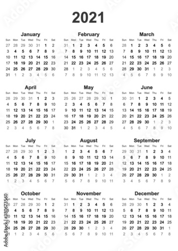 Simple vertical calendar for 2021. Vector graphics.