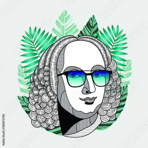 Antonio Lucio Vivaldi.  Hipster portrait with glasses and tropical leaves. Summer style. photo