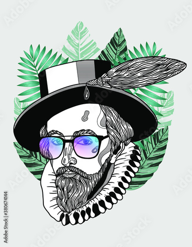 Hipster portrait with glasses and tropical leaves. Summer style. Sir Walter Raleigh
