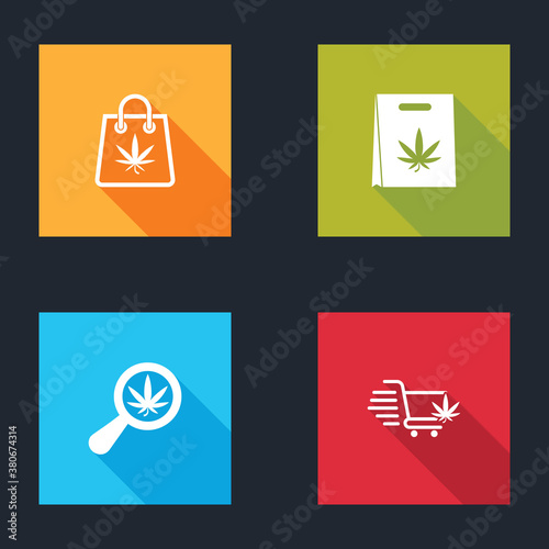 Set Shopping bag of marijuana, , Magnifying glass and and cart with icon. Vector.