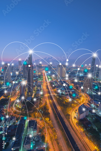 Cityscape and line effect network connection concept,Smart city,Business concept