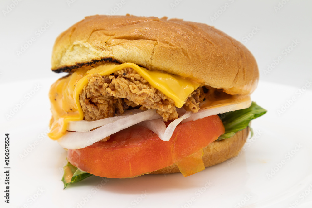 Delicious Fried Chicken Sandwich with Cheese Tomatoes Lettuce and Onions on a White Plate Delicious Fried Chicken Sandwich with Cheese Tomatoes Lettuce and Onions on a White Plate