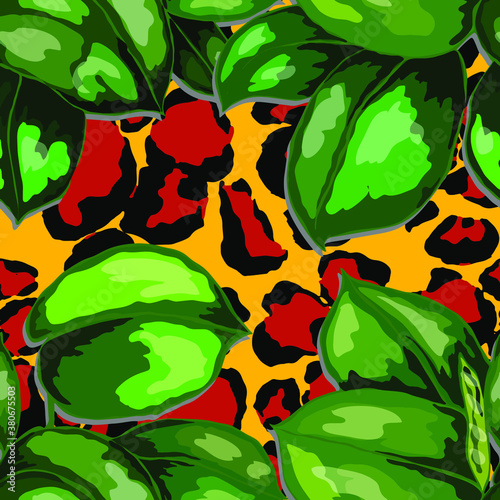 Tropical seamless pattern on animalistic texture. Jungle exotic summer print. Summer tropical leaf. Tropical flower fashion pattern. Floral tropic illustration. Vector seamless pattern.