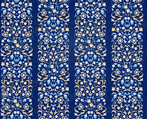 Vector seamless pattern with bright floral ornament. Vintage design element in Eastern style. Ornamental lace tracery. Ornate floral decor for wallpaper. Traditional arabic decor on blue background.