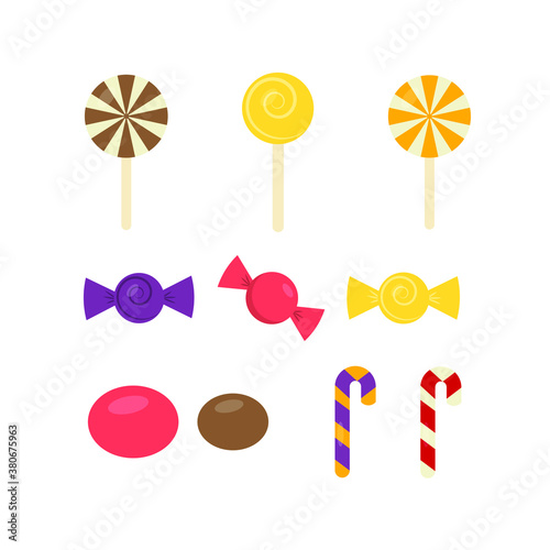 This is a collection of candy isolated on a white background.