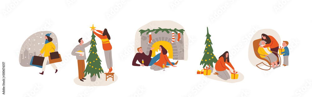 Christmas eve scenes, etudes, sketches. New year. People performing different activities. Set of people. Christmas holidays. Winter season. Christmas eve scenes, etudes, sketches. New year. People performing different activities. Set of people. Christmas holidays. Winter season.
