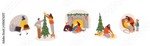 Christmas eve scenes, etudes, sketches. New year. People performing different activities. Set of people. Christmas holidays. Winter season.