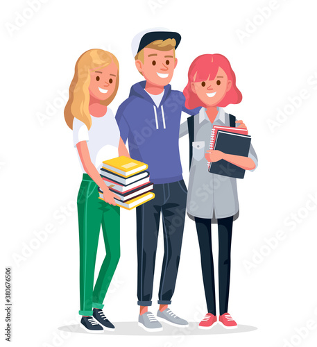 Set of college friends, university fellow students classmates standing together holding books. Group of learners young people. Vector illustration. Flat design