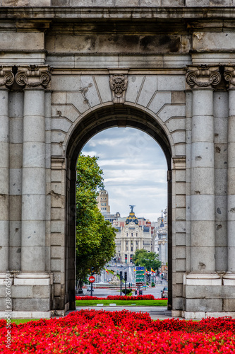Puerta de Alcalá monument in the city of Madrid, Spain
