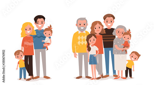 Families portraits set. Big happy multi-generational family siblings relatives portrait. Vector people. Seniors mother and father with babies, children grandchildrens and grandparents. Grandma grandpa