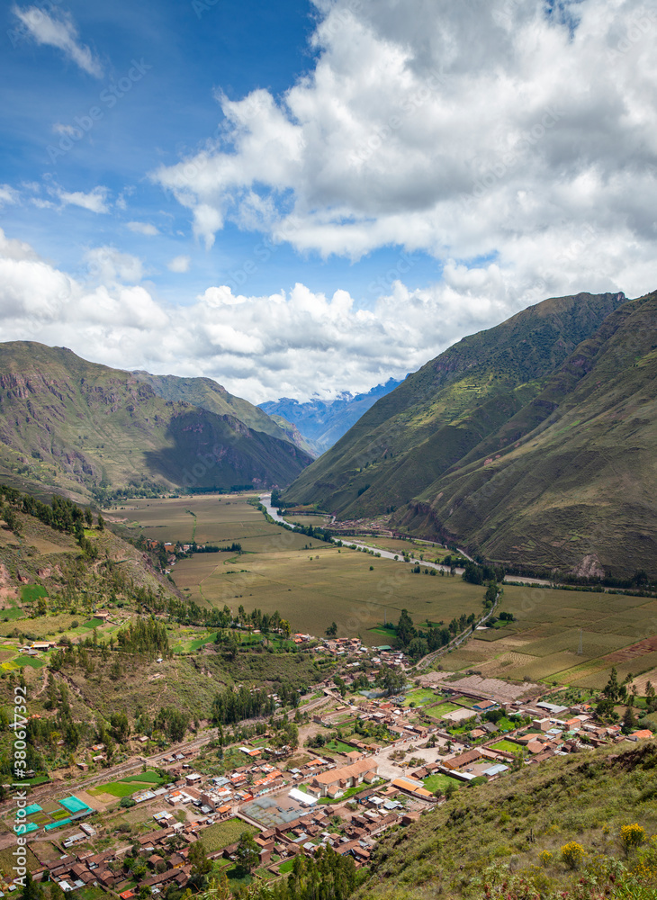 Viewpoint over the town of Taray, on the road to Pisac, in the background the Vilcanota river, Peru.