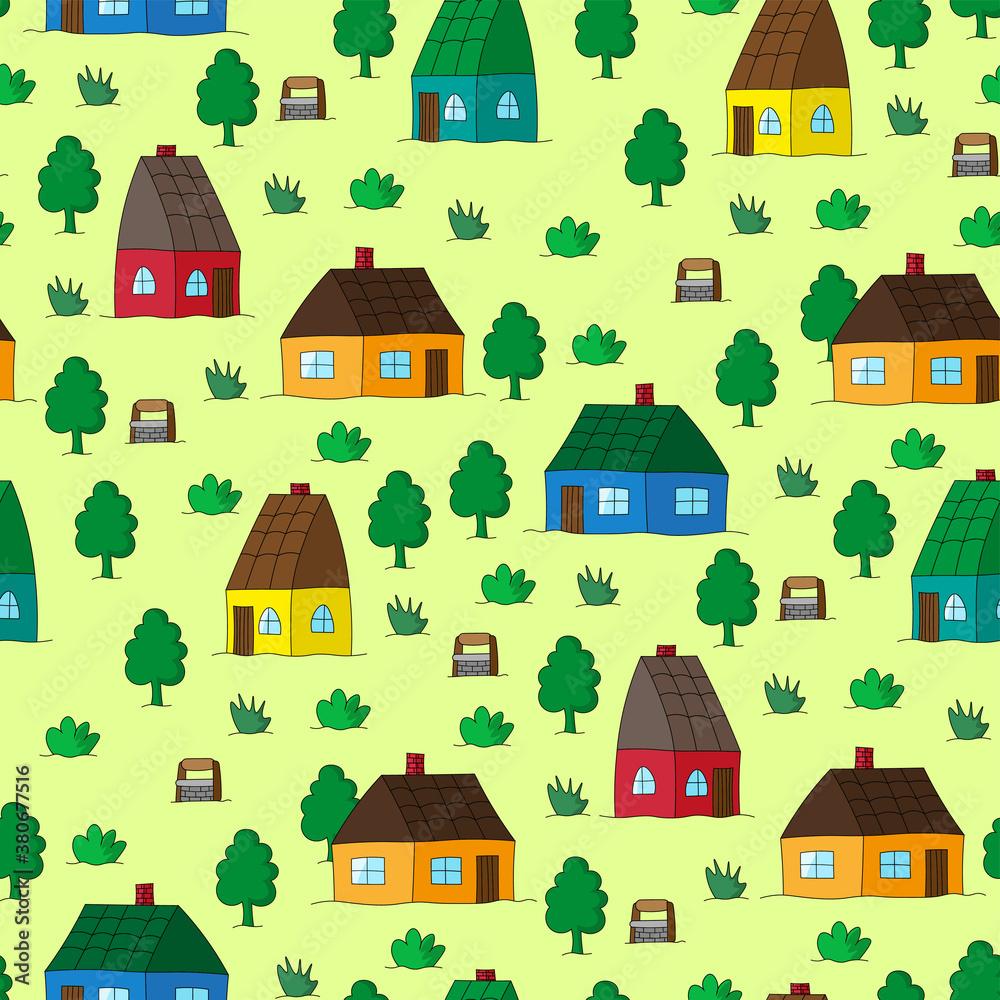 Bright colorful houses, trees, wells and bushes. Cute cartoon seamless pattern. Vector flat graphic hand drawn illustration. Texture.