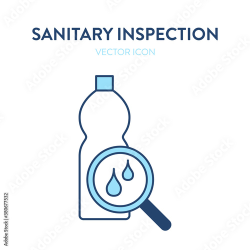 Fresh drink bottle icon. Vector illustration of a bottle and a magnifier tool with drops. Represents concept of checking products, sanitary inspection, searching for a fresh drink, skimmed milk