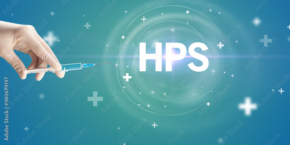 Syringe needle with virus vaccine and HPS abbreviation, antidote concept