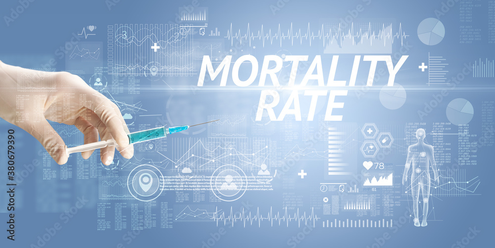Syringe needle with virus vaccine and MORTALITY RATE inscription, antidote concept Syringe needle with virus vaccine and MORTALITY RATE inscription, antidote concept