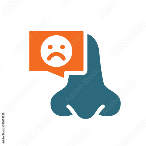 Nose with sad face in chat bubble colored icon. Diseased of nose and paranasal sinuses symbol