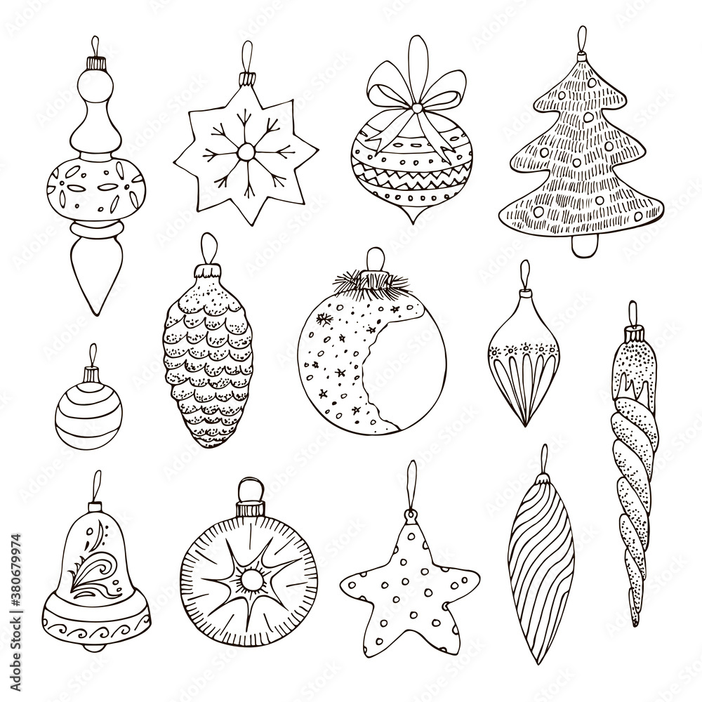 Christmas toys hand drawn doodle vector line illustrations set Christmas toys hand drawn doodle vector line illustrations set