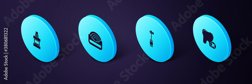 Set Isometric Tooth with caries, Toothbrush, Dental floss and Mouthwash bottle icon. Vector.