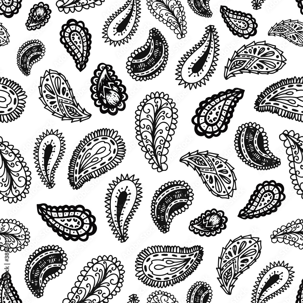 Black and white paisley seamless vector pattern