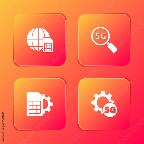 Set Globe 5G Sim Card, Search network, card setting and Setting icon. Vector.